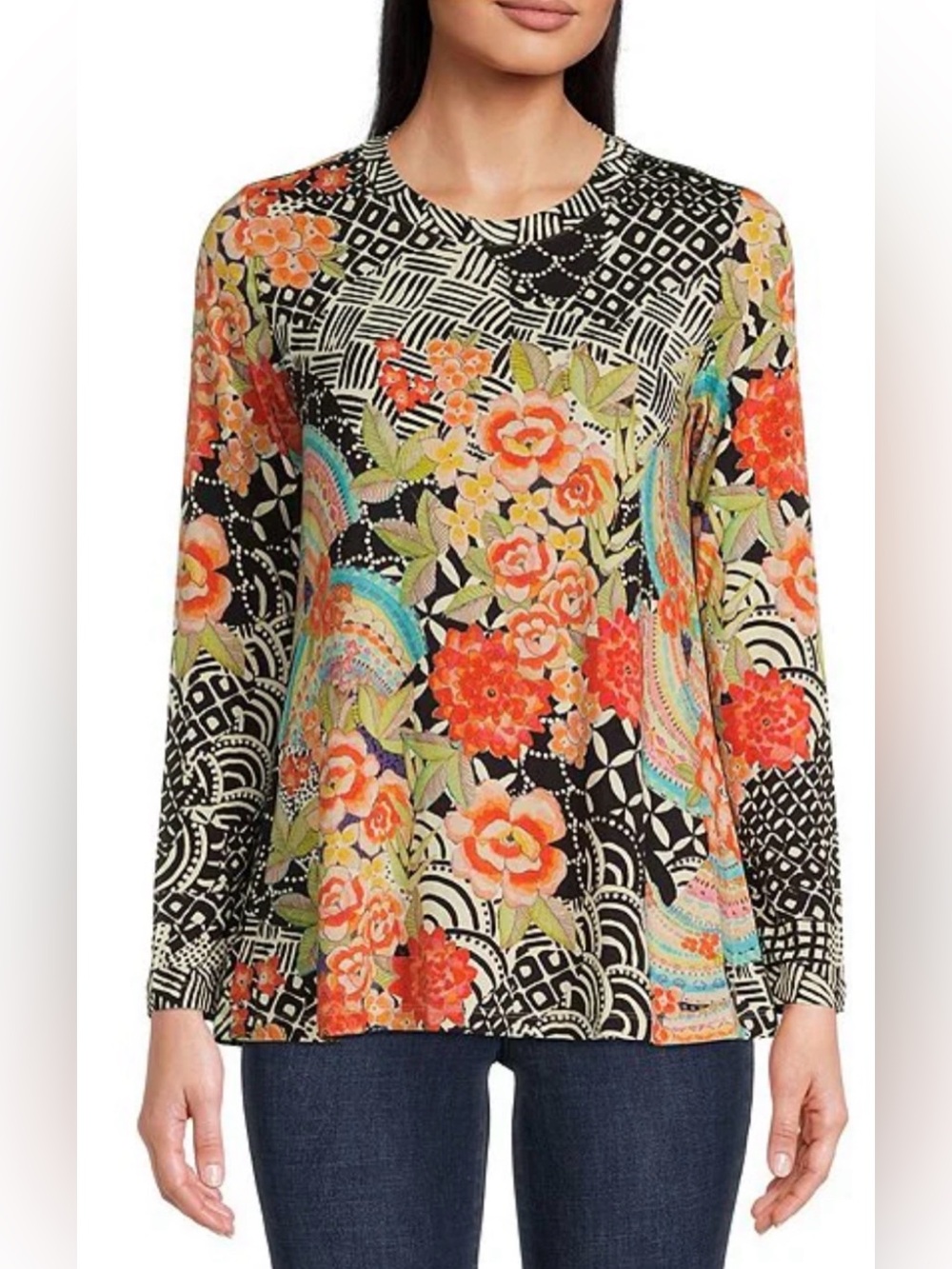 Johnny Was Sunrise Favorite Tunic Top Womens Small Multi Floral Geometric Tee